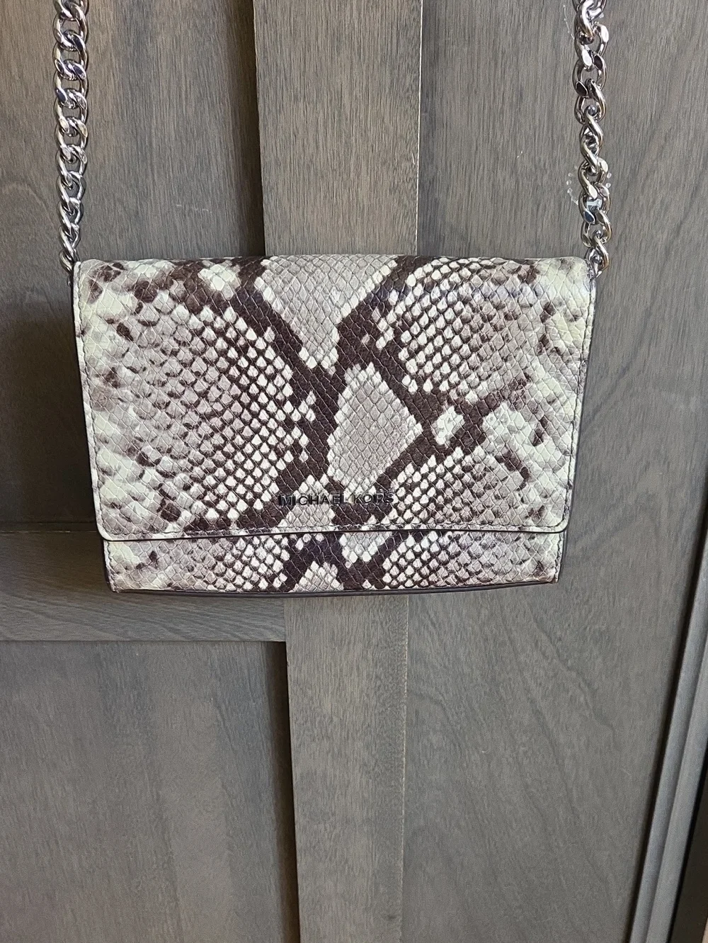 Michael Kors Snake-Print Crossbody in Beige and Brown with Silver Chain